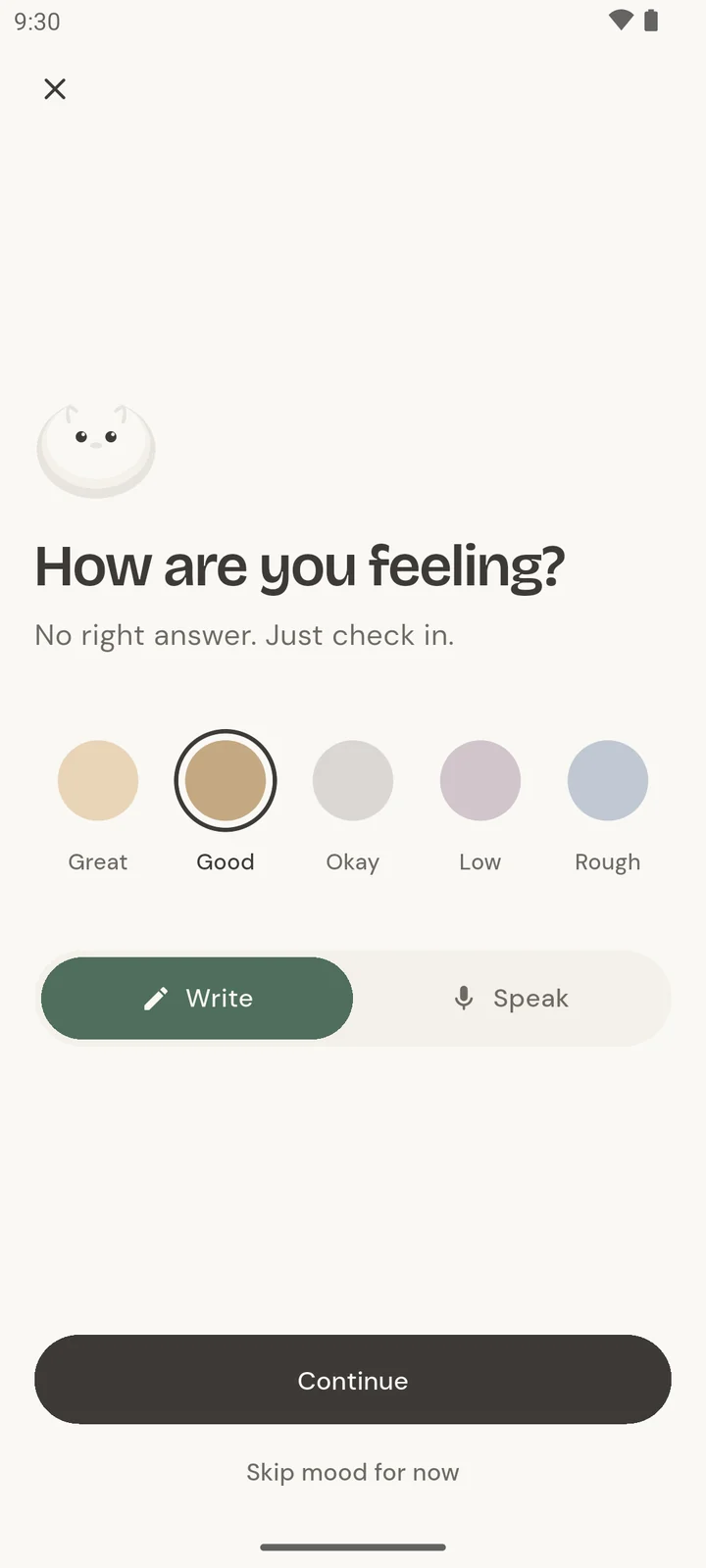 Mood picker with five moods from Great to Rough